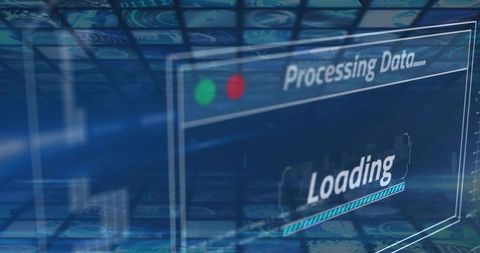 Glassy Futuristic Data Processing Interface Displaying Loading Bar on Blue Digital Grid