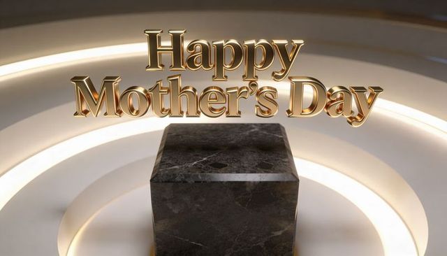Floating gold happy mother's day text above marble pedestal with circular led rings