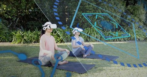 Mother and daughter meditating with vr headsets in garden using augmented reality hud