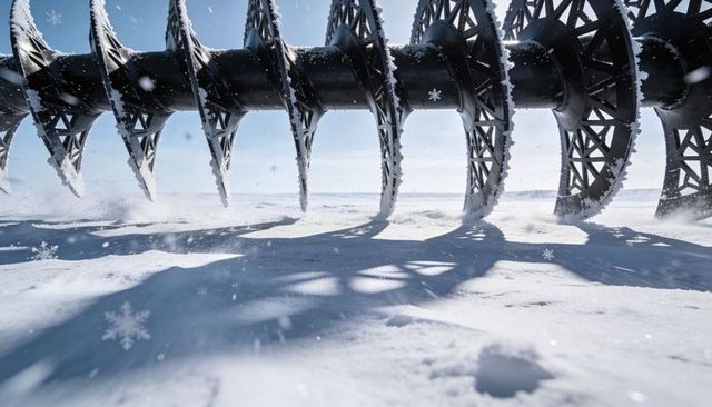 Frosted industrial auger casting geometric shadows across arctic snowfield