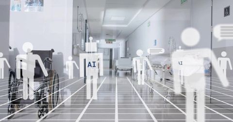 Ai-driven hospital corridor mapping patient flow with robotic avatars and sensor grid overlay