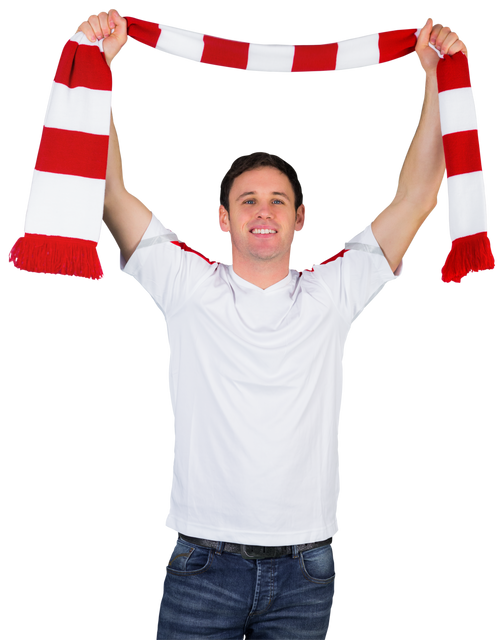 Transparent Cheering Football Fan in White Shirt Holding Red and White Scarf - Download Free Stock Videos Pikwizard.com