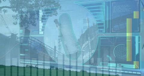 Construction site with technology overlay featuring cylindrical vessel