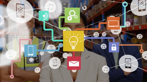 Multiracial Team Standing Confidently with Networked Technology Icons