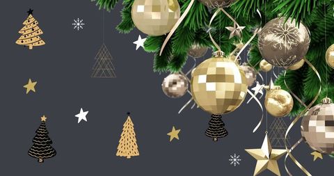 Christmas Holiday Decorations with Gold Baubles And Greenery