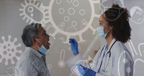 female doctor doing covid-19 test with virus icons overlay - Download Free Stock Images Pikwizard.com