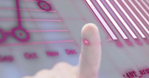 Index finger pressing glossy touchscreen with magenta analytics charts and monthly data