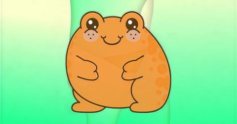 Whimsical orange frog cartoon on green background