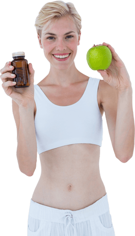 Health-Conscious Blonde Woman Holding Green Apple and Supplement Bottle Transparent