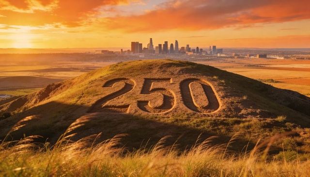 Golden sunset over hill carving 250 with distant city skyline celebrating anniversary