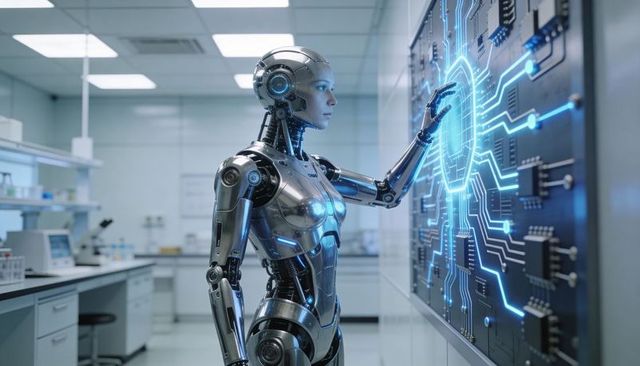 Female Humanoid Robot Interacting with Holographic Control Panel in Futuristic Laboratory