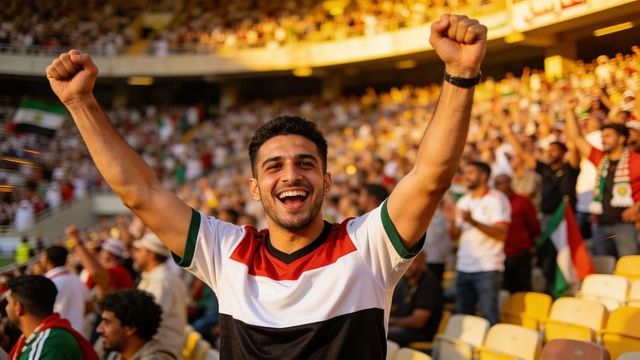 Cheering male football fan raising both arms in sunlit stadium crowd wearing jersey