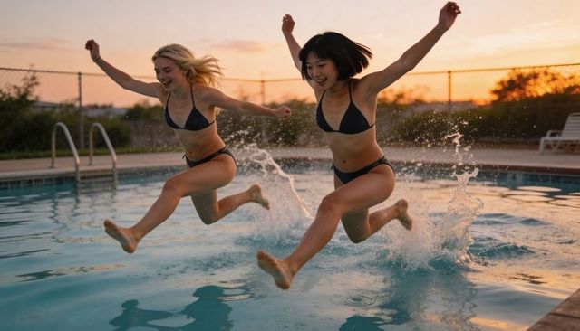 Sunset pool jumping friends splashing in dark bikinis summer evening fun
