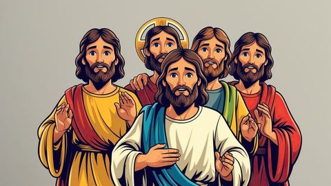 Five Reverent Bearded Men in Colorful Robes with Halos