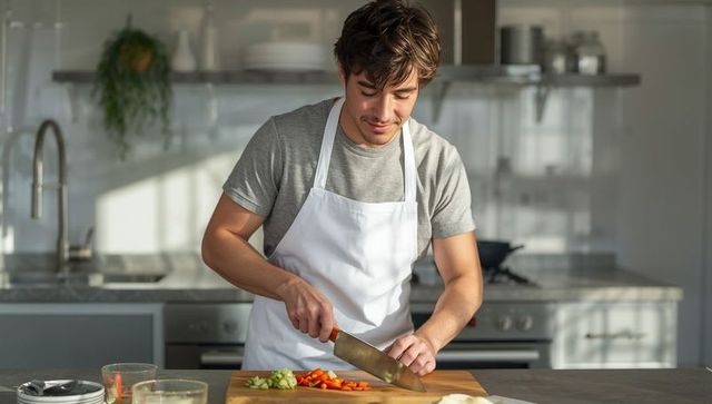 Young Chef Chopping Vegetables on Kitchen Island in Sunlit Space