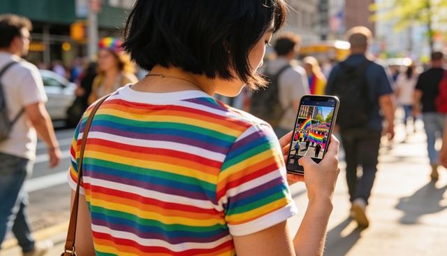 Capturing pride parade on smartphone, person in rainbow tee photographing downtown pride march