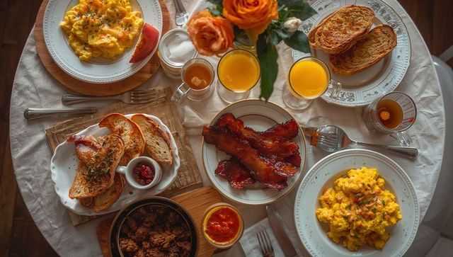 Overhead rustic brunch table with scrambled eggs, crispy bacon and orange juice