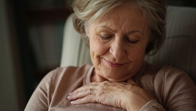 Senior woman resting hand on chest, serene intimate portrait in warm soft light
