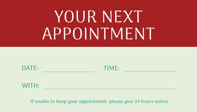 Appointment reminder card features blank fields for date, time, and person to be seen with. Simple and clear layout ideal for use in healthcare, beauty salons, or professional services to remind clients of their next visit. Essential tool to improve customer retention and organize schedules efficiently.