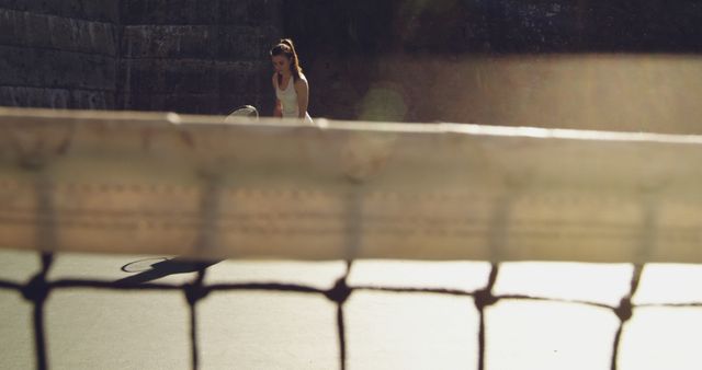 Female Tennis Player on Court in Sunset Light, Unique View from Net - Download Free Stock Images Pikwizard.com