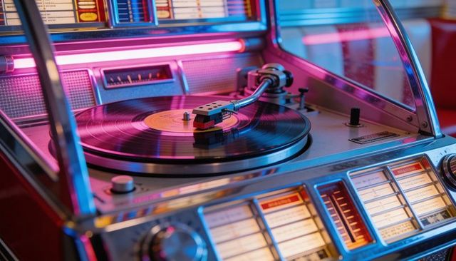 Spinning retro jukebox turntable with neon backlight and chrome tonearm vintage diner vibe