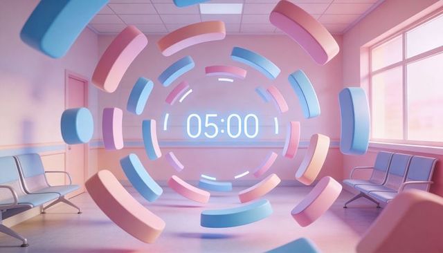Floating segmented holographic ring with glowing 05:00 neon timer in pastel waiting room