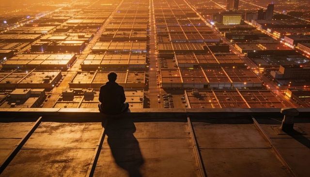 Silhouetted figure sitting rooftop edge overlooking lit urban grid at twilight