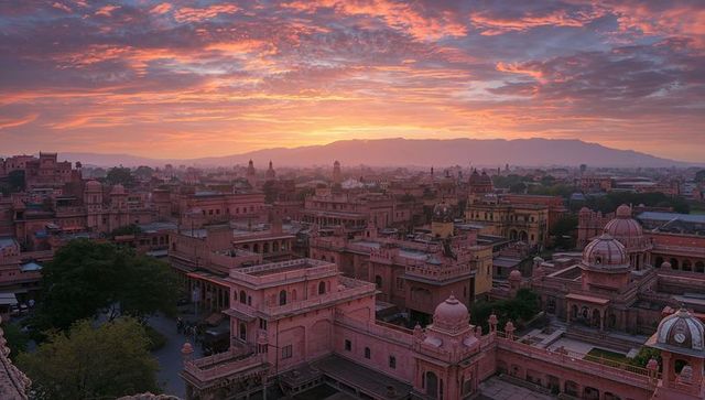 Sunrise over pink sandstone architecture in vibrant cityscape