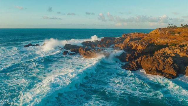 Breathtaking ocean waves crashing on rocky cliffs at shore