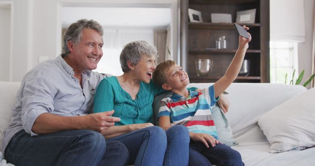 Happy Grandparents Posing with Grandson on Sofa - Download Free Stock Images Pikwizard.com