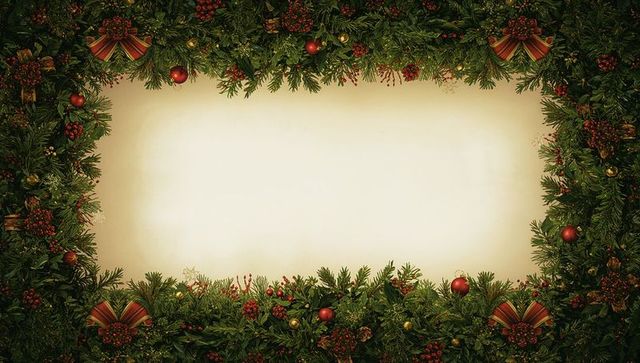 Festive holiday frame with evergreen and red berries