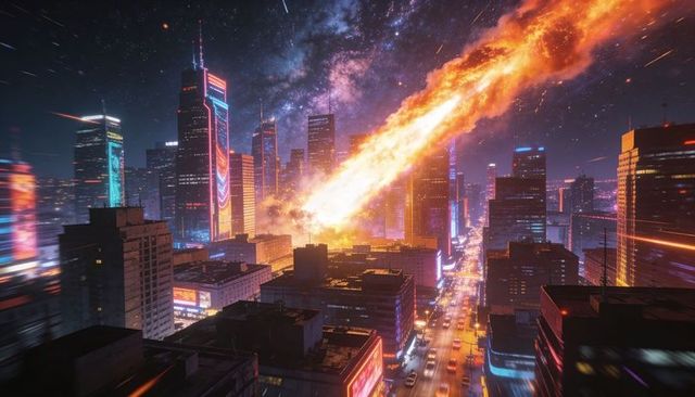 Fiery meteor fireball crossing neon city skyline at night, igniting urban streets
