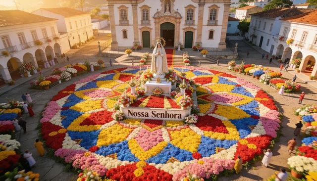 Nossa senhora on vibrant floral mandala altar in historic baroque town square