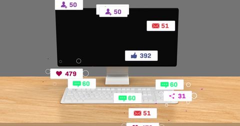 Social Media Icons Floating Over Computer Screen on Desk - Download Free Stock Images Pikwizard.com