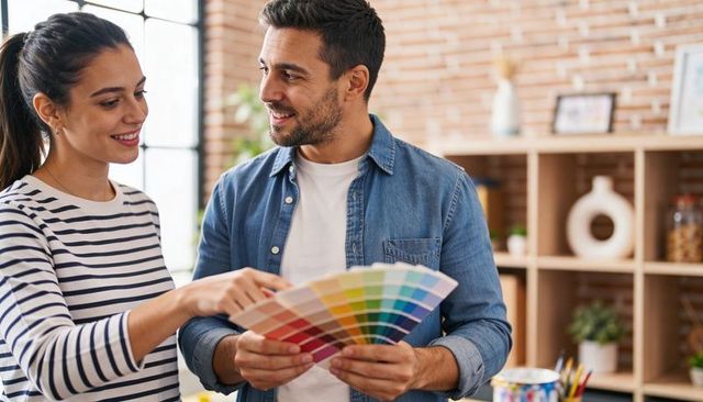 Young couple choosing paint colors with swatch fan deck in bright modern home studio