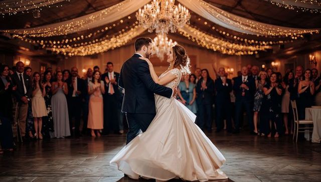 Elegant Couple Dancing at Wedding with Crystal Chandelier