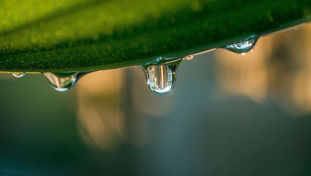Macro droplet clinging to leaf edge reflecting inverted garden scene with golden bokeh