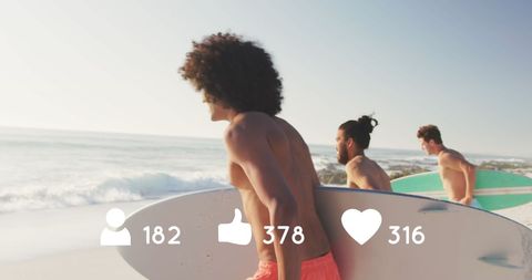 Friends Surfing at Beach with Social Media Engagement Icons
