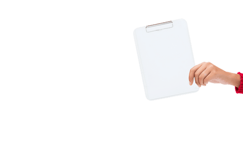 Hand holding clipboard on transparent background for design projects