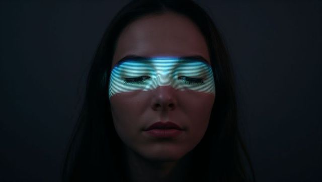 Resting woman wearing blue-green scanline visor over closed eyes, futuristic portrait