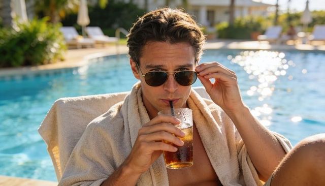 Poolside man sipping iced drink adjusting aviator sunglasses at luxury resort