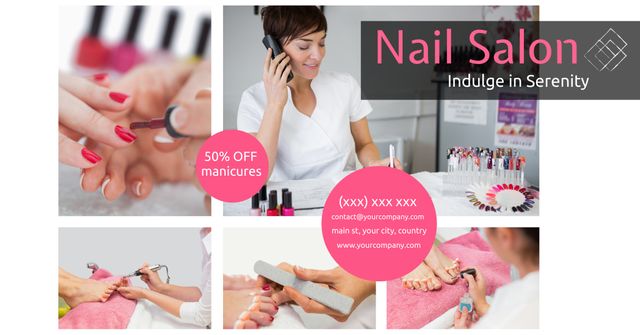 This image depicts a customizable collage template ideal for advertising nail salon beauty treatments. The collage showcases various beauty treatments including manicure, pedicure, and nail filing performed by a professional beautician. Perfect for promoting similar services or special offers like discounts on manicures. Great for use in online advertisements, social media promotions, brochures, and flyers to attract customers looking for relaxation and beauty services.
