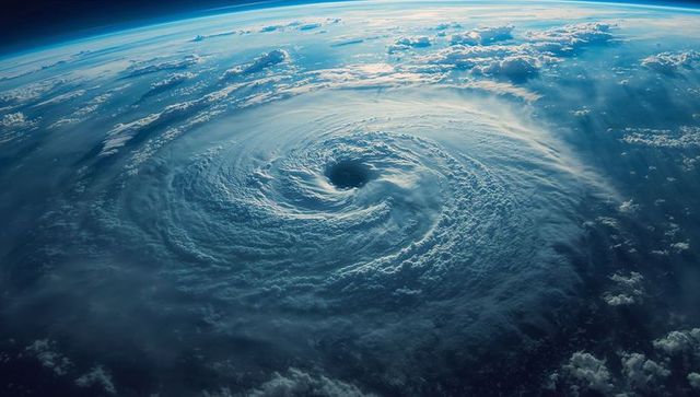 Hurricane eye from space amid earth's curvature