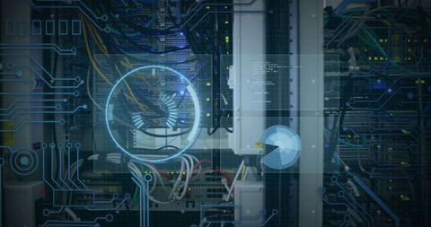 High-tech server room with digital interface elements