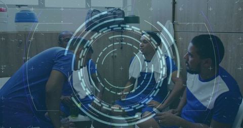 Football Players with Digital Data Overlay in Locker Room