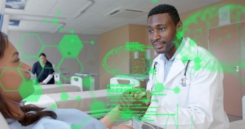 Innovative African American Doctor Analyzing Data with Patient in Hospital