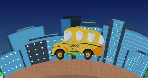Whimsical School Bus against Urban Skyline for Back to School