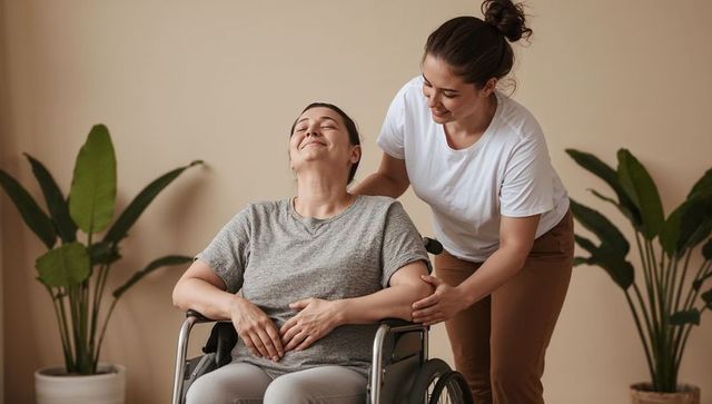 Caregiver helping wheelchair user in cozy home interior showing compassion and support