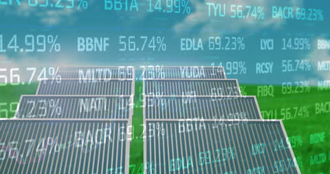 Solar Panels With Digital Stock Data Overlay on Green Field