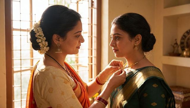 Indian mother fastening gold necklace on daughter in green silk saree with jasmine